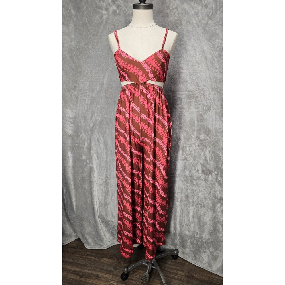Lei Puakenikeni Womens Nikki Jumpsuit XS Brown Pink Floral Sweet Honey Wide‎ Leg